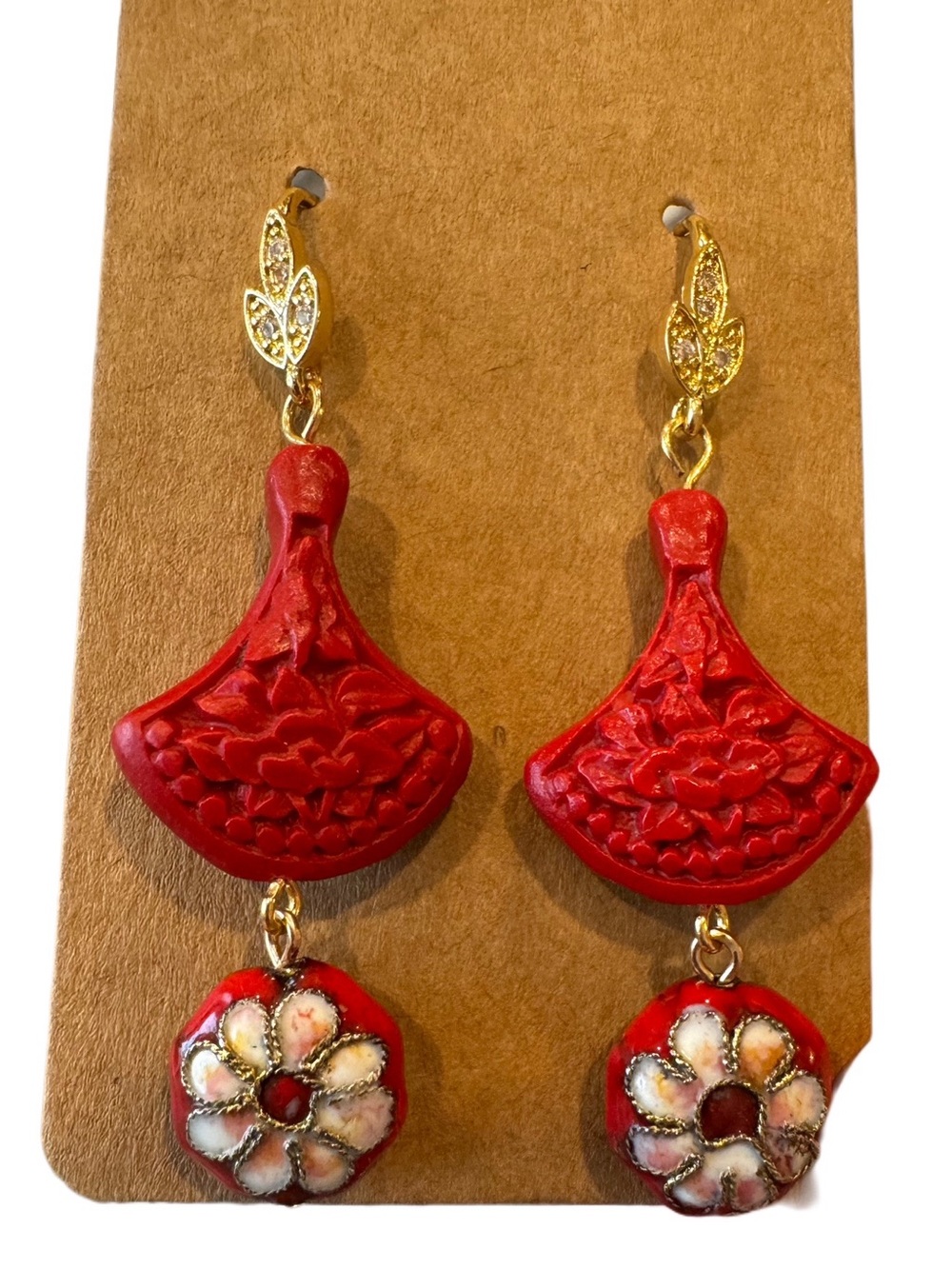 Artisan Cinnabar Fan and Vintage Cloisonné Floral Beaded Earrings🧁